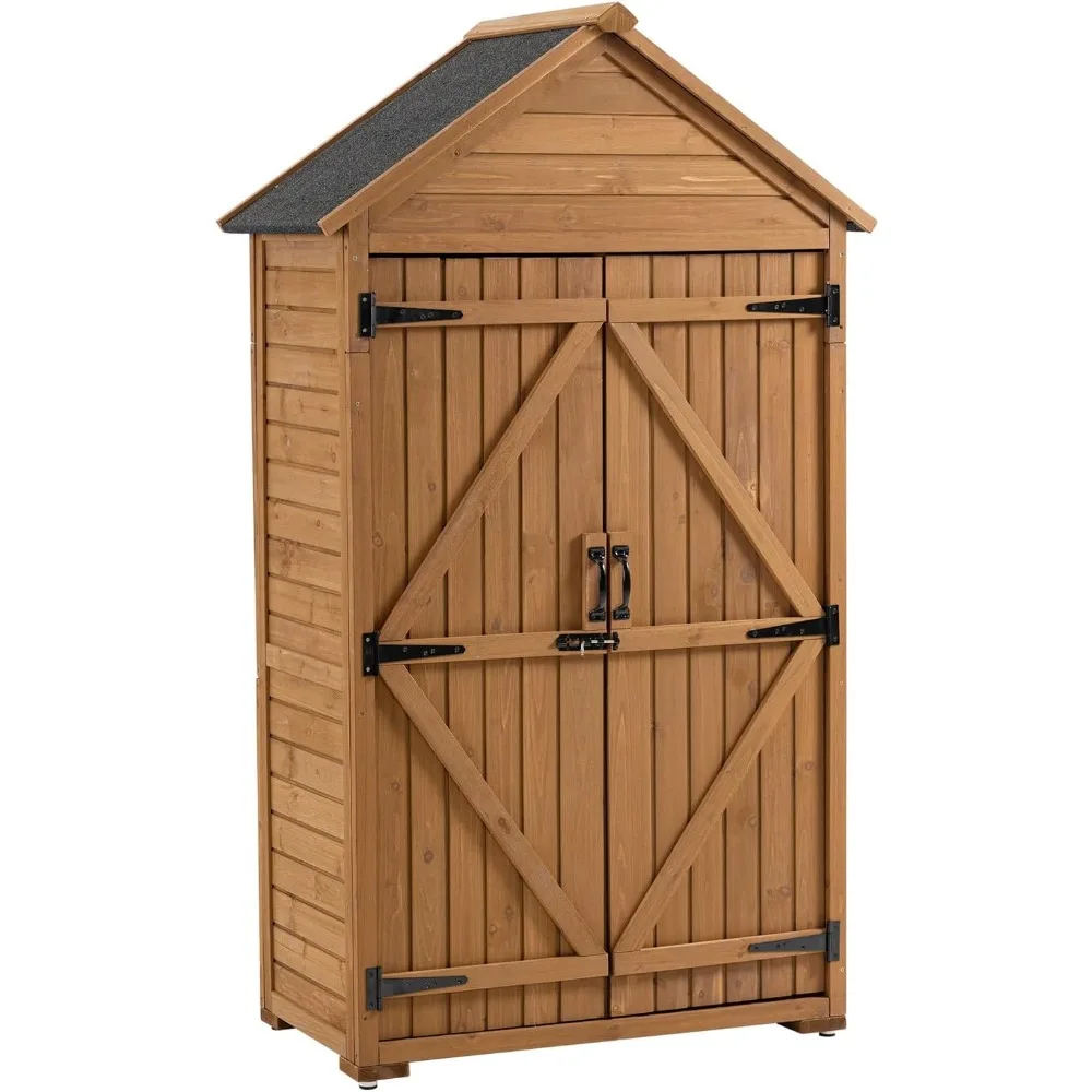 Outdoor Wooden Storage Cabinet, Garden Wood Tool Shed, Outside Wooden Shed Closet with 3 Detachable Shelves, Waterproof Roof