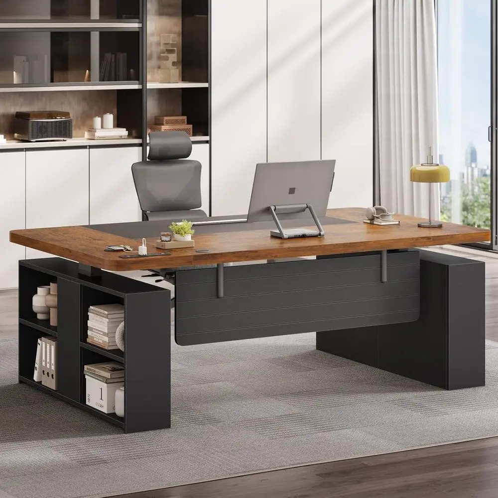 Large Brown & Black 63 Executive Height Adjustable Desk with Storage and Power Outlets for Office Privacy