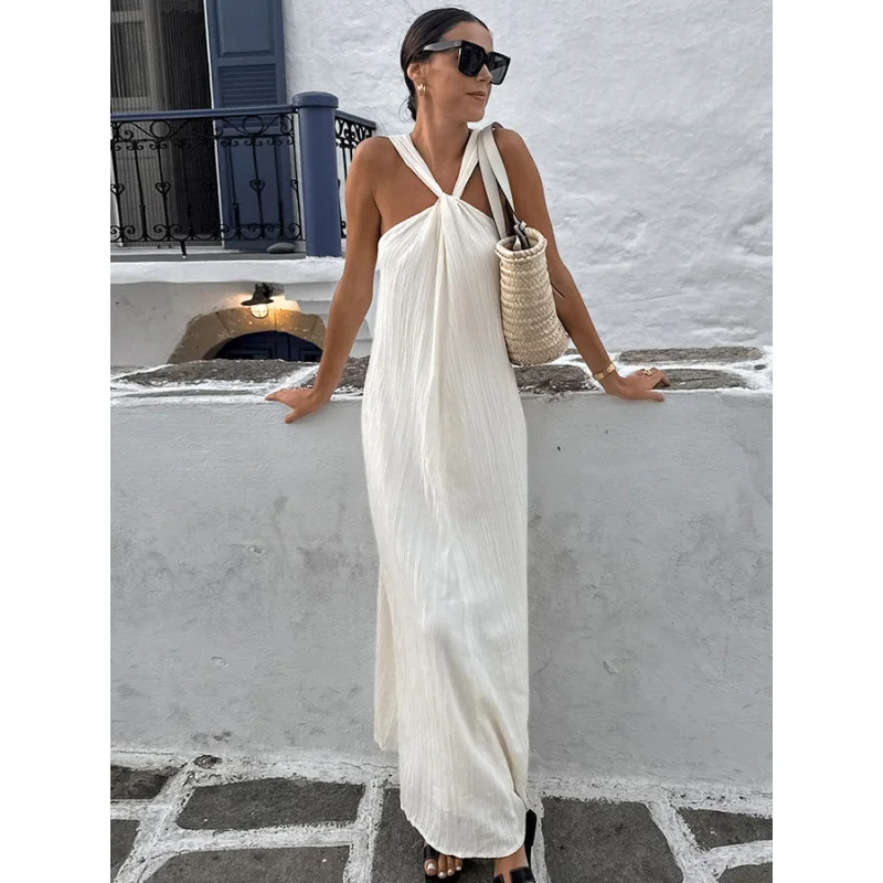 FB-Beige بلا أكمام الرسن الرقبة شاطئ عارضة Dress2025Summer أزياء جديدة بالجملة فستان طويل للنساء