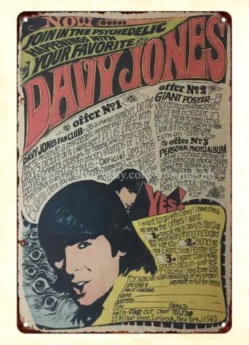 metal art wall hangings 1968 DAVY JONES FAN CLUB The Monkees metal tin sign sign