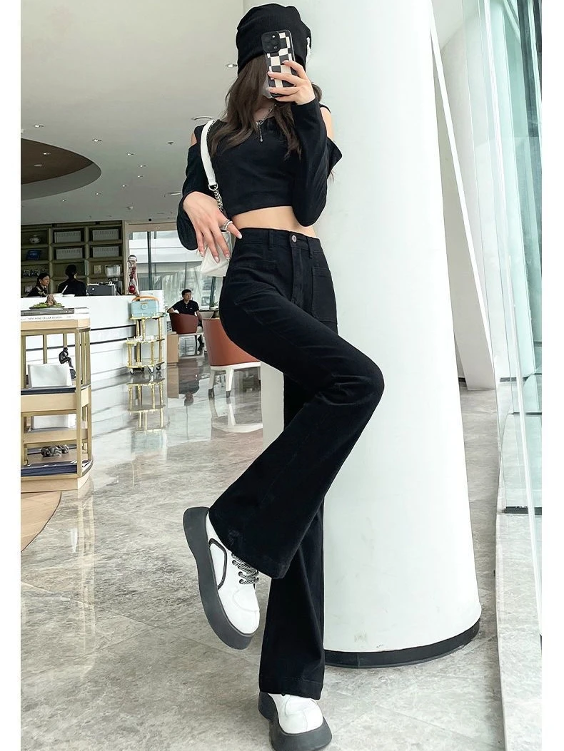 

Brown Micro Flare Denim Jeans Women's High Waist Slim Fit Elastic Coffee Color Floor-Length Pants Spring Autumn New Arrival