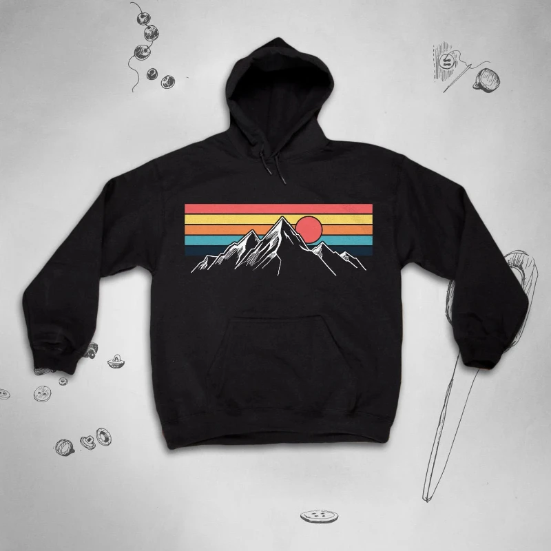 

Mountains Hoodie for Men Women Sweatshirt Vintage Retro Unisex Sweater Nature Aesthetic Rainbow Sunset Graphic Design