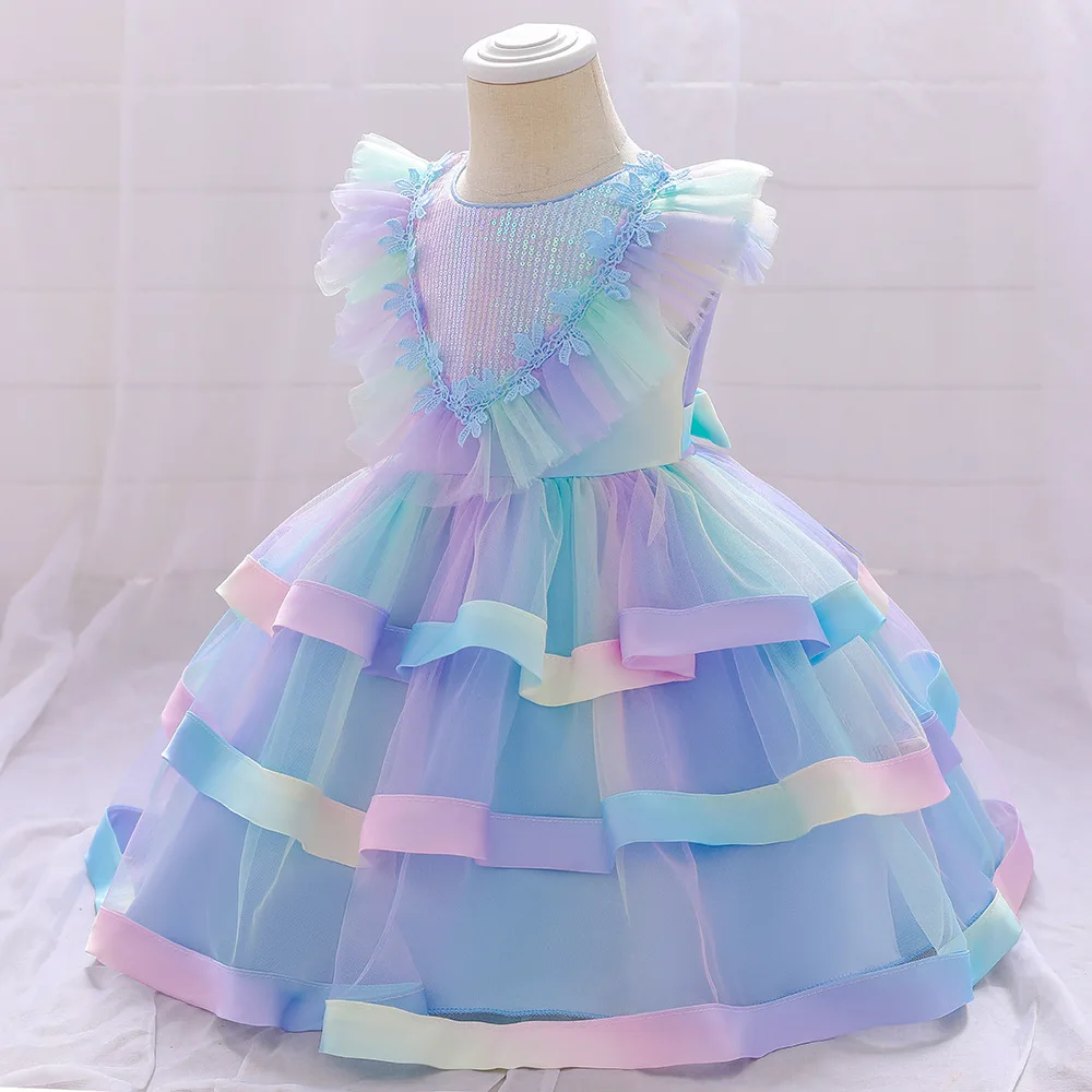 Girls Party Dresses 2 Colors 70cm-90cm Birthday Layered Dress Kids Baby Ball Gown Wedding Performance Costume Colorful