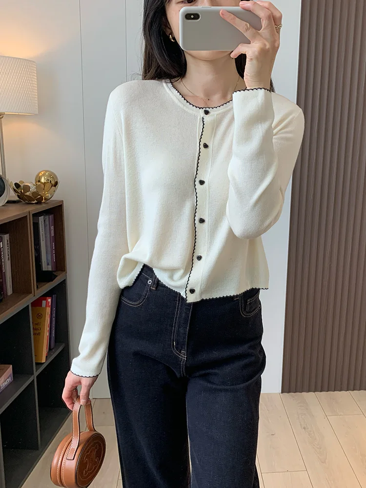 

Ele ort Knitted Woolen Cardigan Bla White Contrast Color round Ne Button up Thin Outerwear for Women Commute Sle