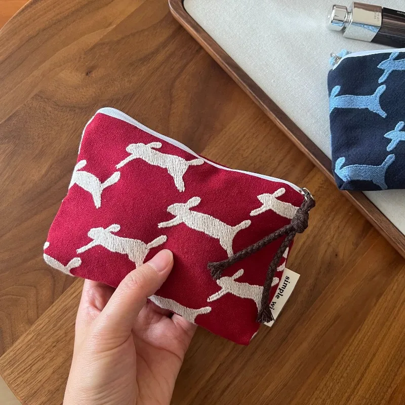 Blue Cute Rabbit Embroidered Canvas Coin Purse Zipper Mini Cosmetic Pouch Lipstick Earphone Storage Bag
