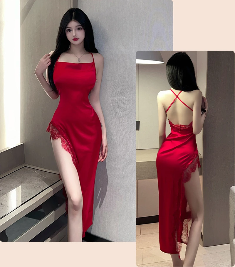 Top Fashion Sexy Spaghetti Strap Sleeping Dress Split Ball Dress Backless Lace Night Dress Women Nightgown Lingerie Nightdress