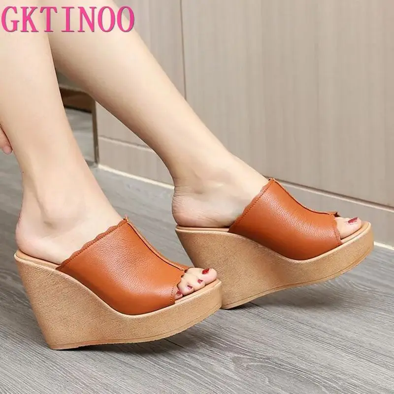 GKTINOO Platform Sandals Summer Slippers Women Shoes 2024 New Soft Genuine Leather Sandals Comfort Wedge High Heel Slippers