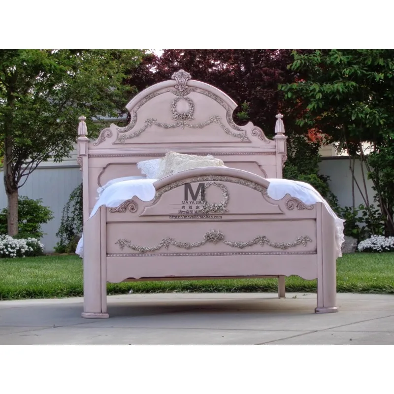 

French carved pink princess style solid wood bed Korean girl heart bedroom bed retro old double bed can be customized