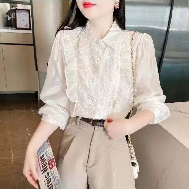 Spring and Autumn Women New Stitched Polo Collar Button Lace Fashion Solid Color Loose Minimalist Casual Long Sleeve Shirts