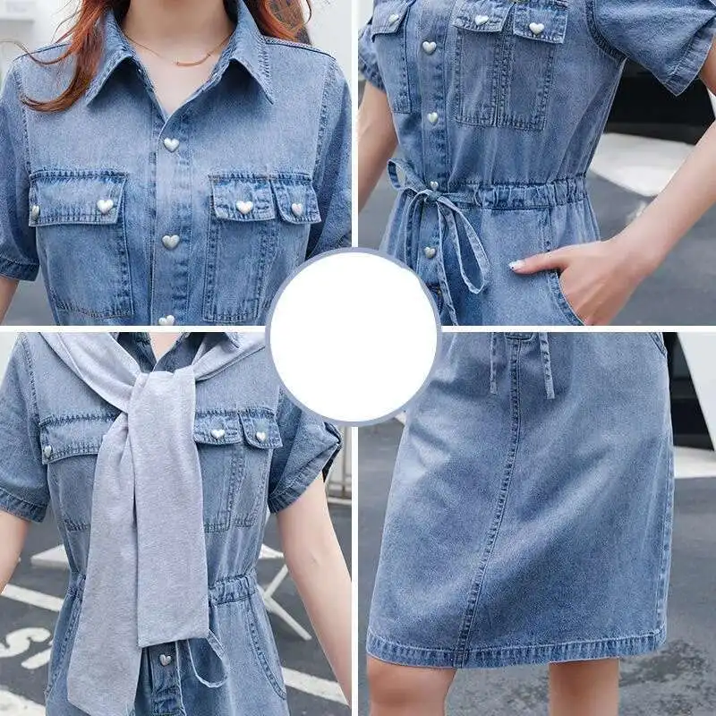 Women Denim Dress Korean Fashion 2025 Summer Shirt Dress Lapel Short Sleeve Loose Office Ladies Jeans Dress Vestidos