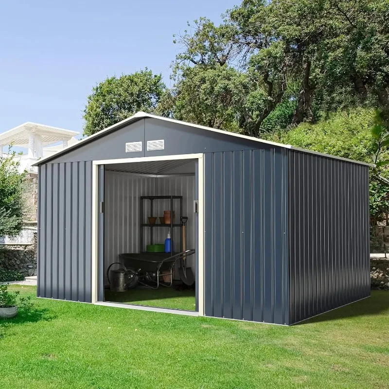 

【Professional Grade】TX Metal Tool Shed 340 x 255 x 210 cm, Lockable Tool Shed with 4 Vents & Sliding Door, Garden Shed for Lawn