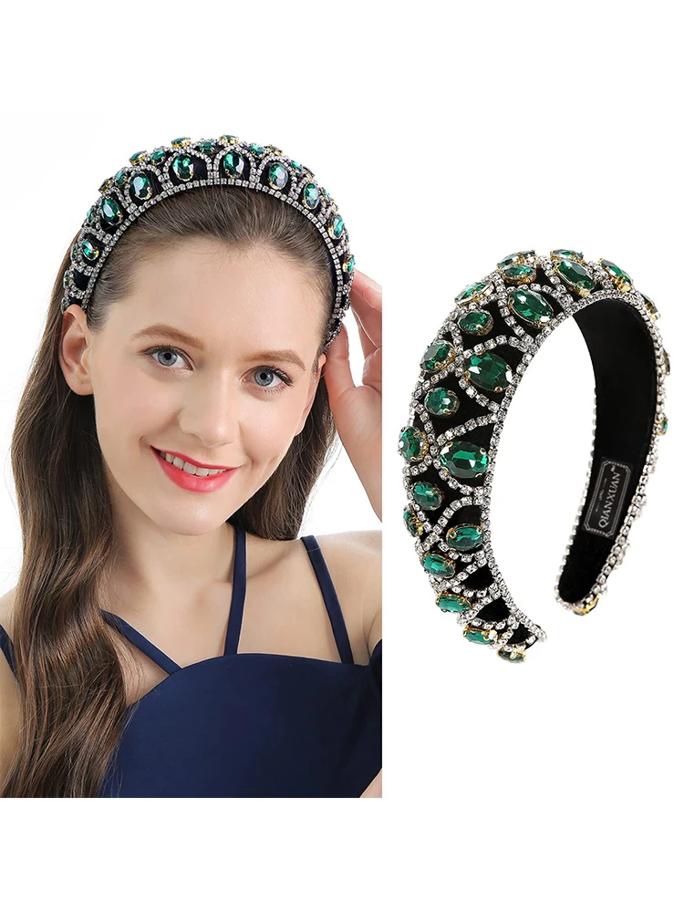 

European American Baroque Velvet Handmade Chain Rhinestone Headband Wide Edge Sponge Headpiece Headband Women's Hair Decoration
