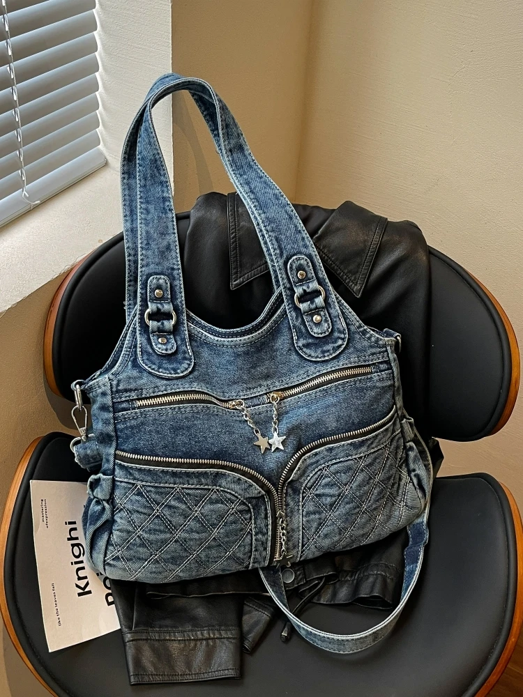 2026 New Large Capacity Denim Tote Bag Women's Versatile Single Shoulder Crossbody Bag for College Students Commuting And Class