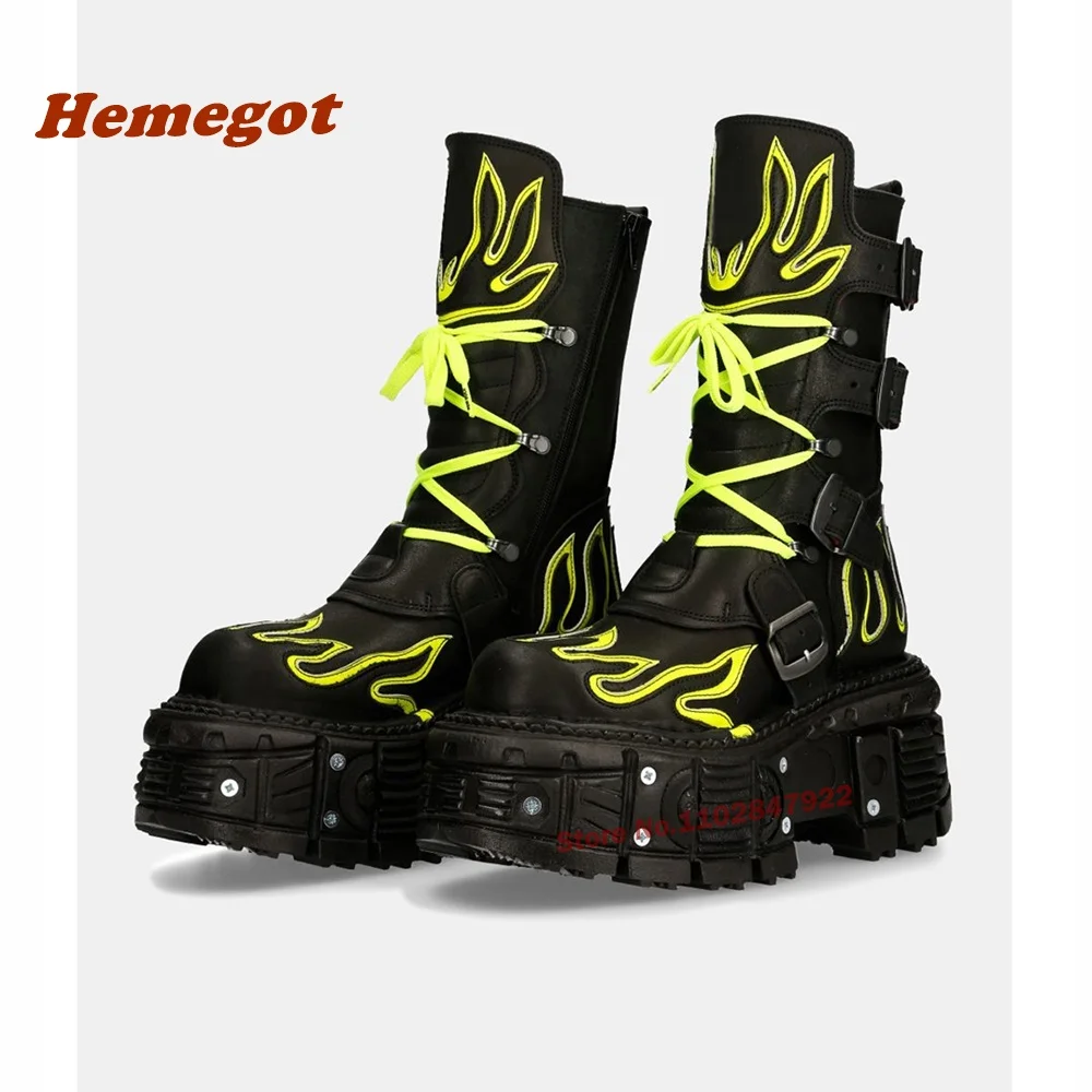 Spanish Dark Motorcycle Boots Flame Fluorescent Punk Tank Bottom Lace Up Fashion Rock Platform Buckle Women's Men's Shoes Spring