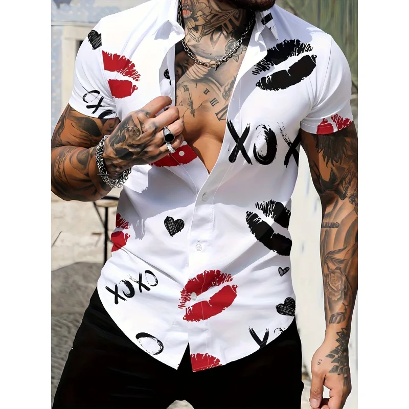 

Men's Lip Print Shirt T 95131 Cross-Border Quick Sale Casual Fashionable Mouthprint Design 100% Other Material Non-Shrinking