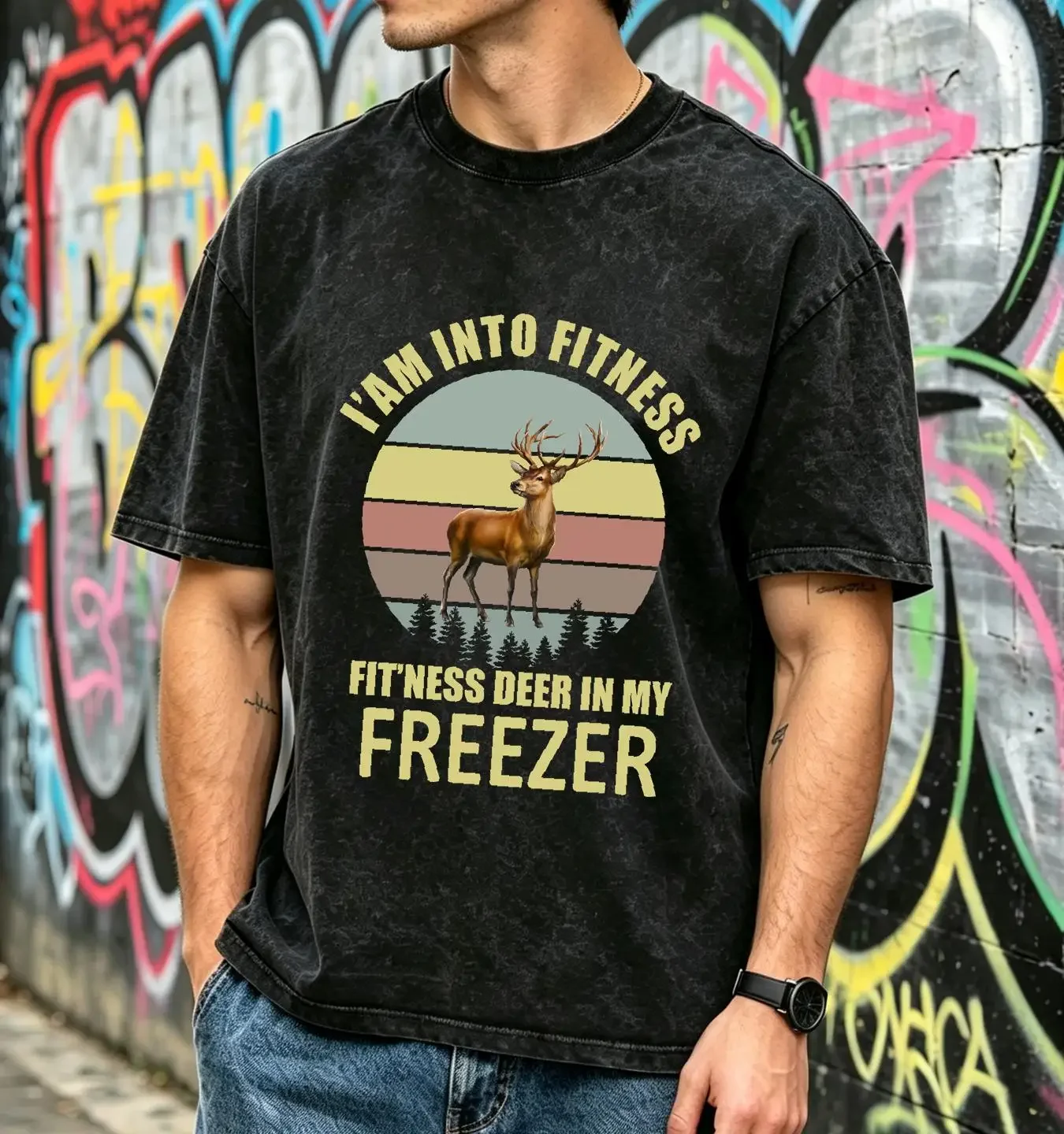washed T Shirt Im into fitness deer in my freezer hunting for men buck gift husband Camp long or short sleeves vintage Washed