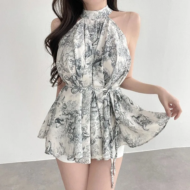 

Vintage Chinese Ink Wash Print Halter Sleeveless Blouses Women Off Shoulder Tops New Elegant Lace Up Slim Waist Chiffon Shirt