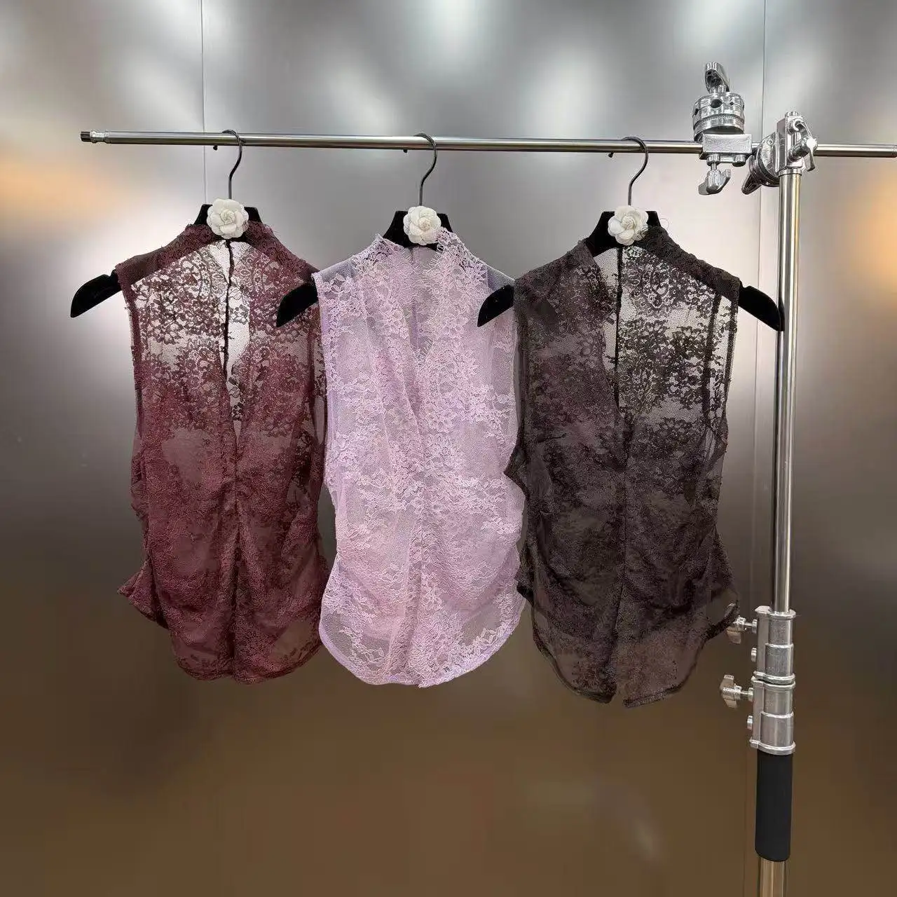

2026 Spring Summer Stand Collar Eyelash Lace Patchwork Ruched Waist Sleeveless Chic Sheer Tank Top for Women