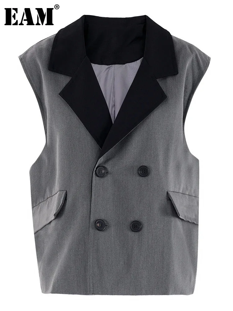 [EAM] Women Gray Color-block Double Breasted Big Size Elegant Vest New Lapel Sleeveless Fashion Tide Spring Autumn 2024 CPG2071