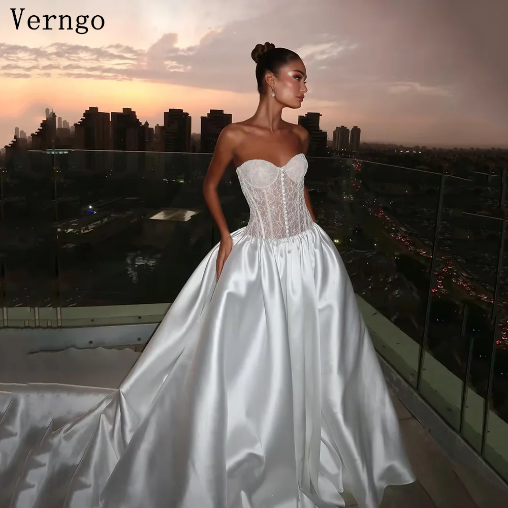 

Verngo lvory Satin Wedding Dress Lace Sweetheart A Line Bridal Gowns Women Elegant Tight Bride Dresses Customized