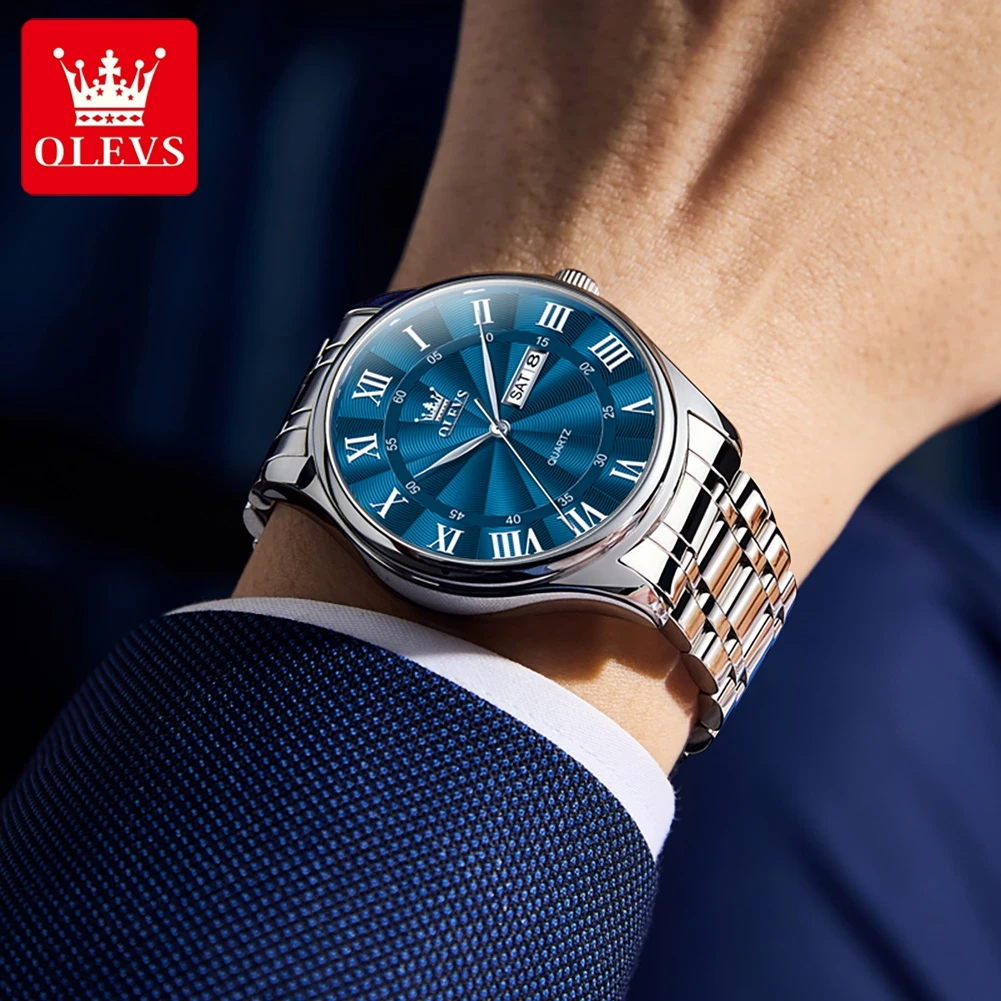 OLEVS 3663 ساعة رجالي أصلية بسيطة ماركة ساعة كوارتز مقاوم للماء ساعات مضيئة للرجال عرض التقويم المزدوج هدايا رجالي