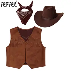 Kids Boys Western Cowboy Costume Vest with Bandanna and Felt Drawstring Hat for Halloween Carnival Cosplay Themed Party Dress Up