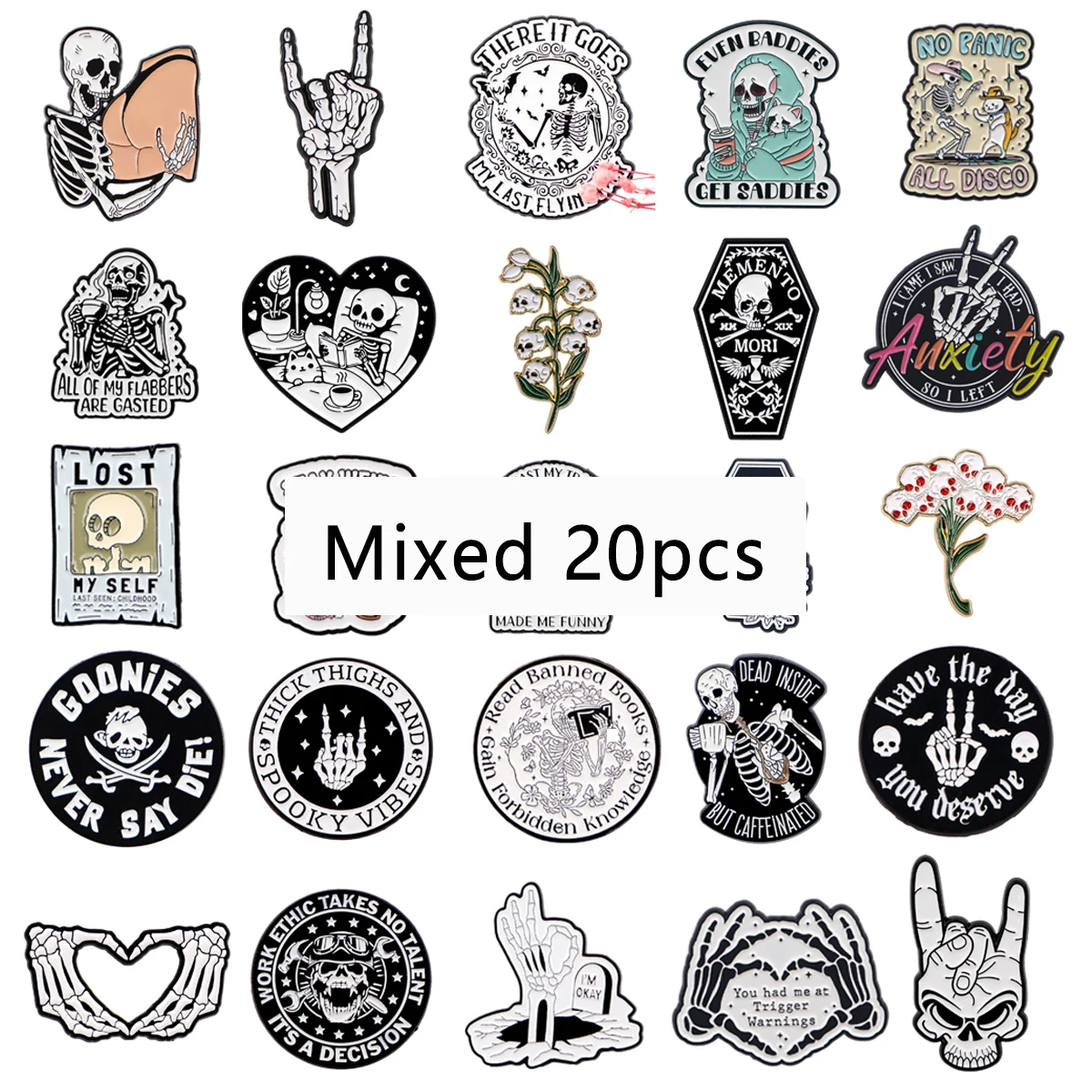 

20pcs Mix Wholesale Halloween Skeleton Enamel Pin Punk Skull Hand Brooch Bulk Lapel Pin Badges Clothing Accessories