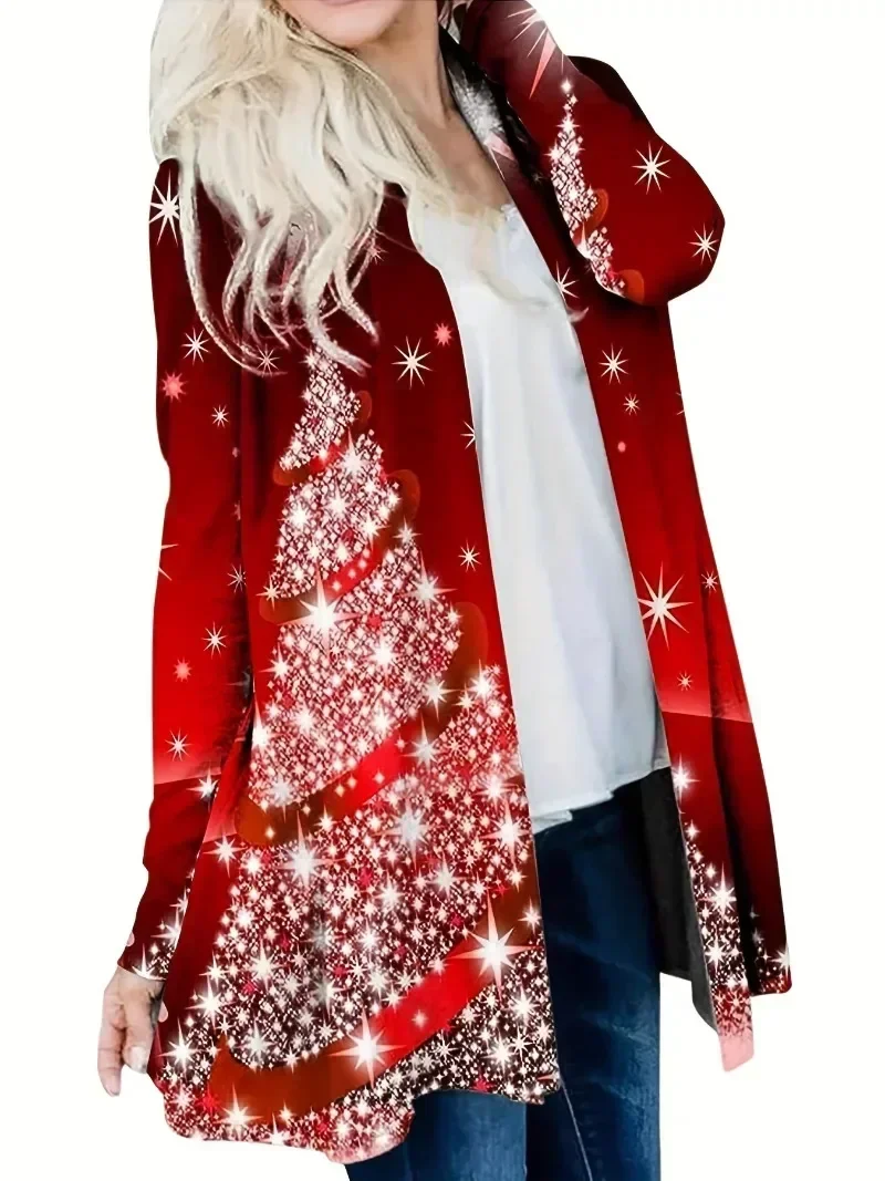 Women\'s Plus Size 1XL-5XL Cardigan Christmas Casual Print Long Sleeved Cardigan Ladies Fashion Paired with Christmas Tree