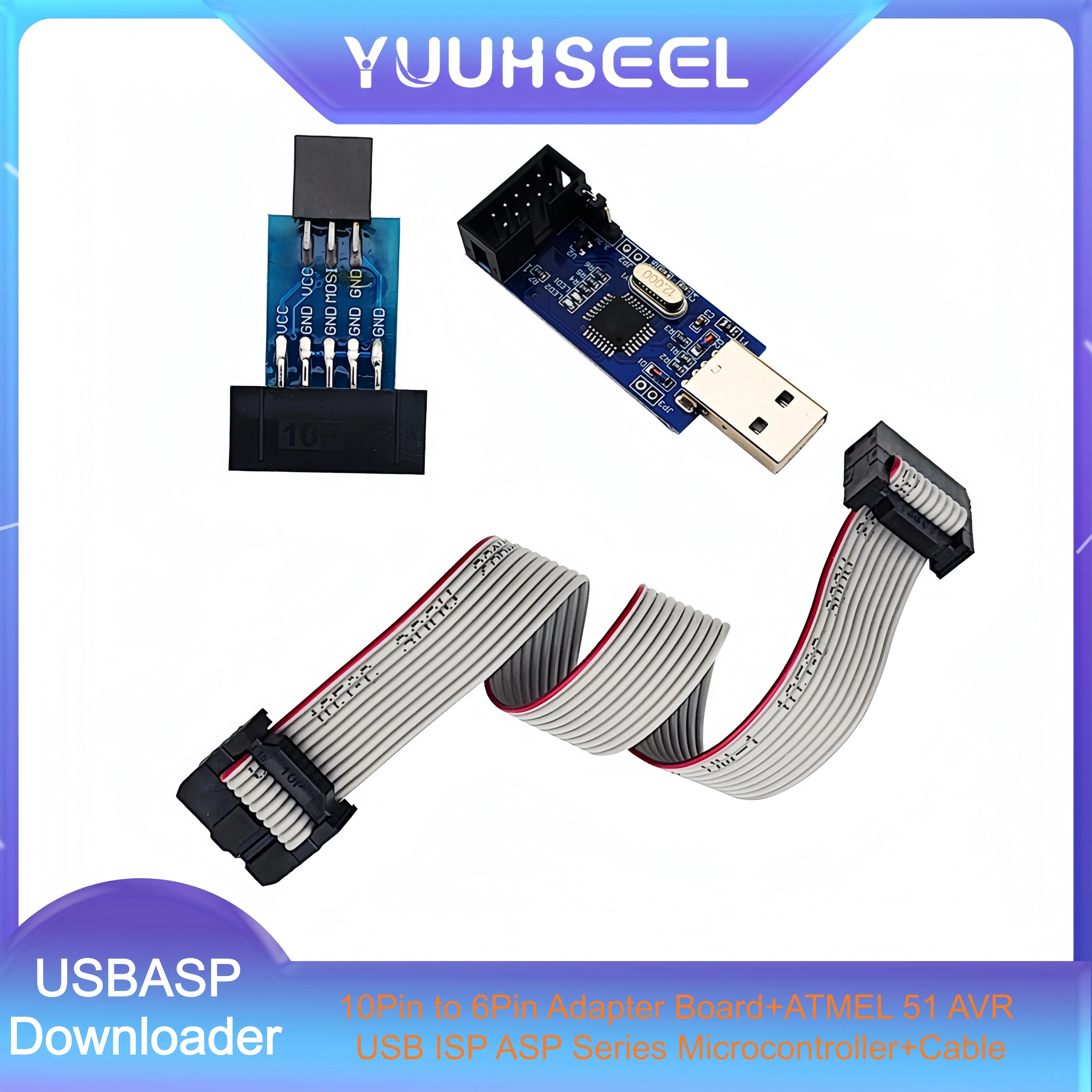 2Sets 10Pin to 6Pin Adapter Board with Cable, USBASP Downloader Programmer for ATMEL 51 AVR USB ISP ASP Microcontroller