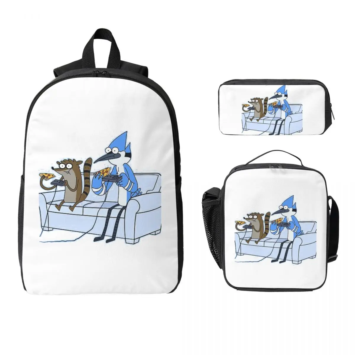 Mordecai And Rigby Pizza And Video Games Backpack BookBag School Bag Laptop Shoulder Bags 3ps Insulated Lunch Bag Pencil Case
