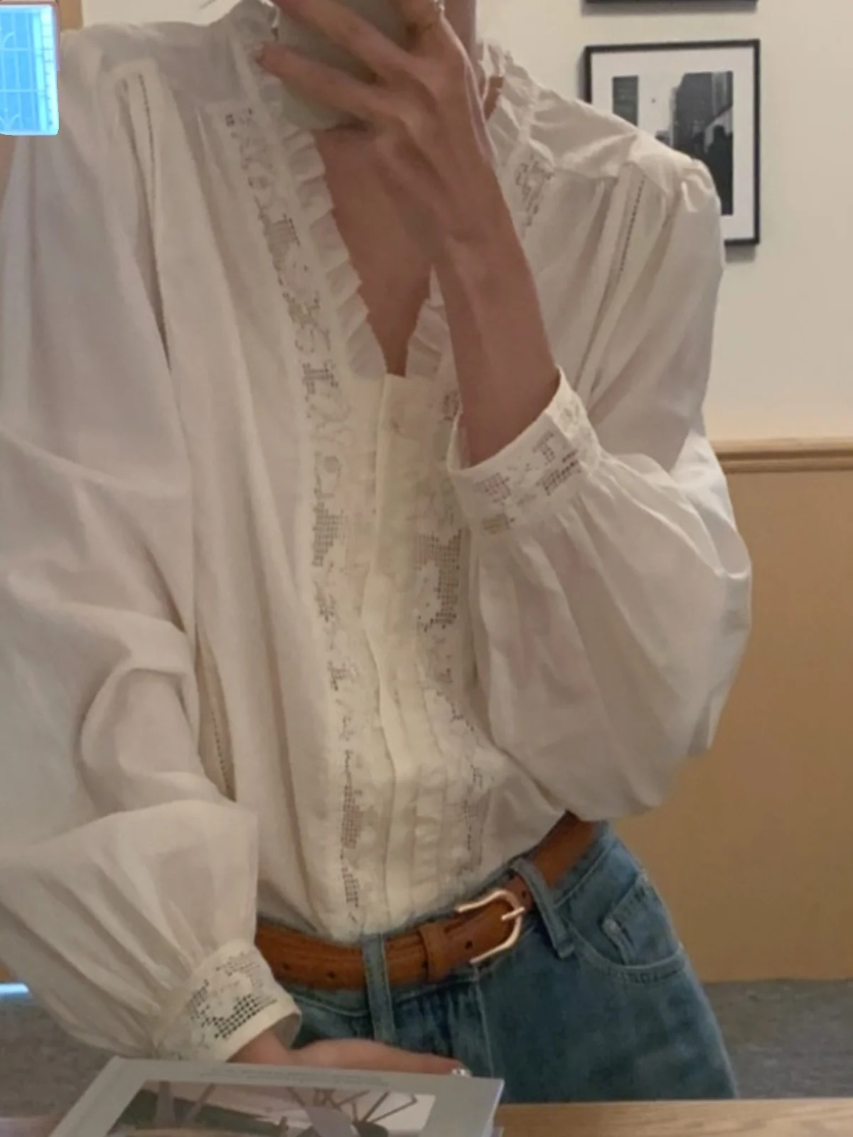 

Осень 2024, женская длинная блузка с вышивкой из кружева, супер тяжелая блузка в Корейском стиле, прямой крой, для поездок на работу, Faion