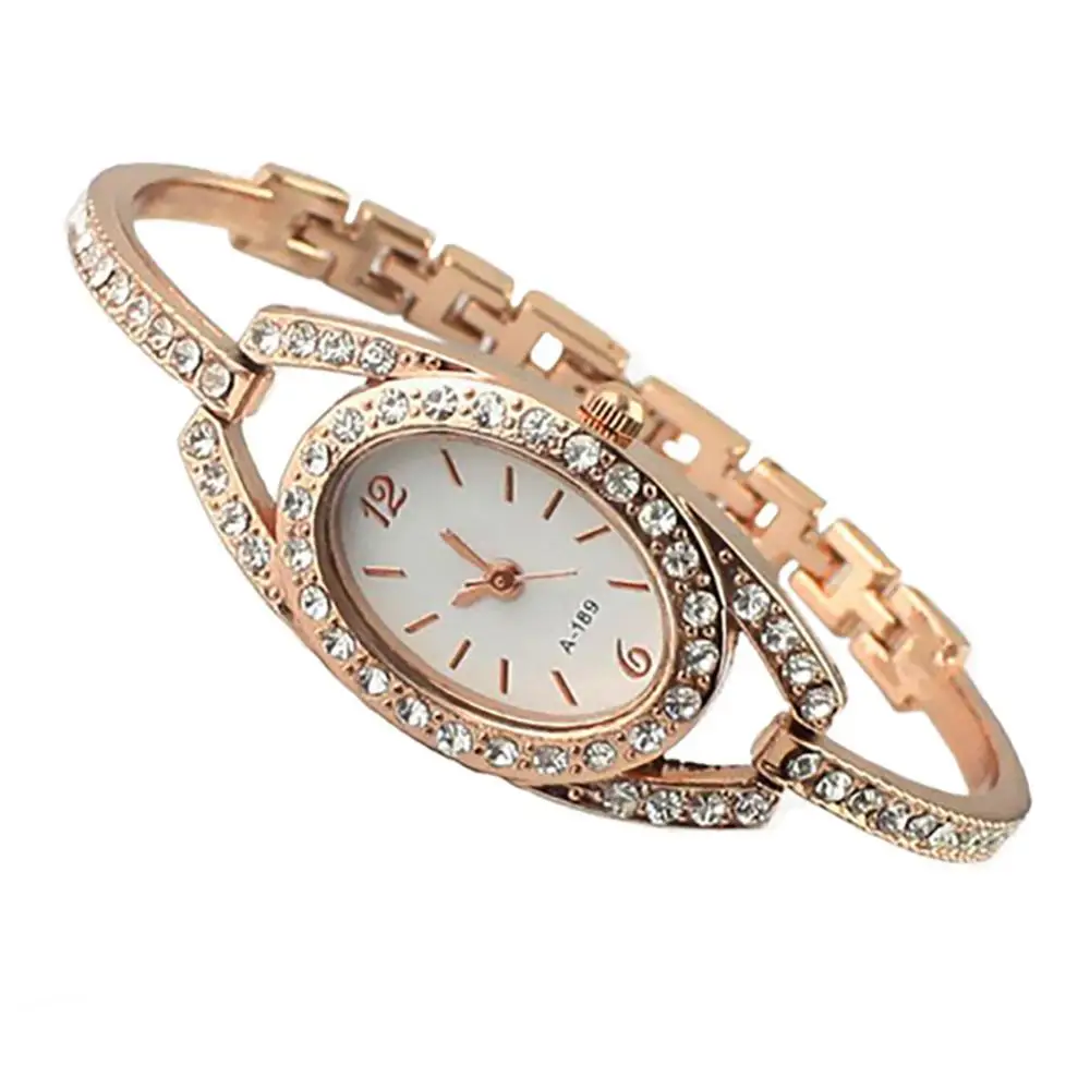 Quartz Wristwatch Women\'s Fashion Minimalism Shiny Rhinestone Golden Tone Stainless Steel Wrist Watch