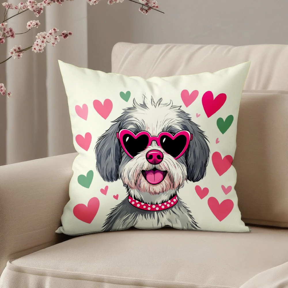 Square Throw Pillow Case Cream Background Cute Dog Wearing Heart Sunglasses With Pink And Green Hearts Print For Living Room Sof