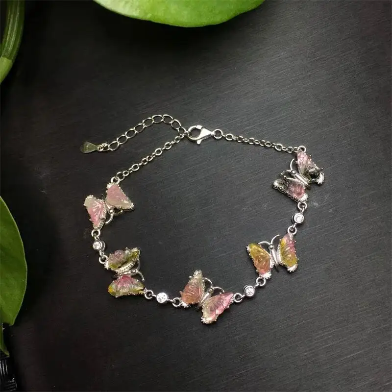 

S925 Natural Watermelon Tourmaline Butterfly Bracelet Crystal Reiki Gemstone Fashion Jewelry Fengshui Women Healing Gift 1pcs