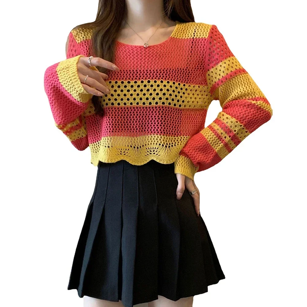 

Casual Knit Top Long Sleeve Crochet Shirt Casual Outing Blue Casual Streetwear Pullovers Crop Moderate Elasticity