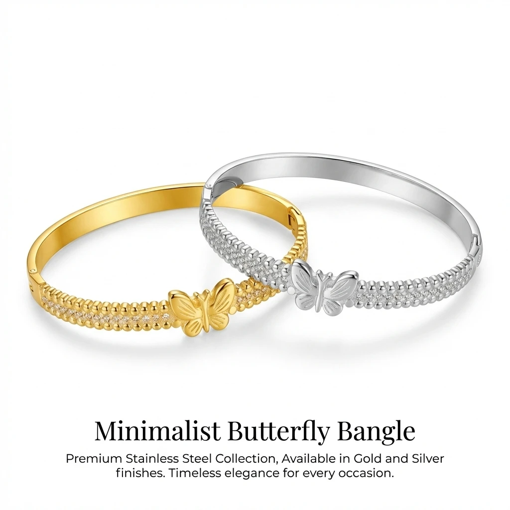 JP One Goldfarbenes Snap-on Butterfly-Armband, Edelstahl-Zirkon-Armband für Damen, Modeschmuck-Geschenk 60mm