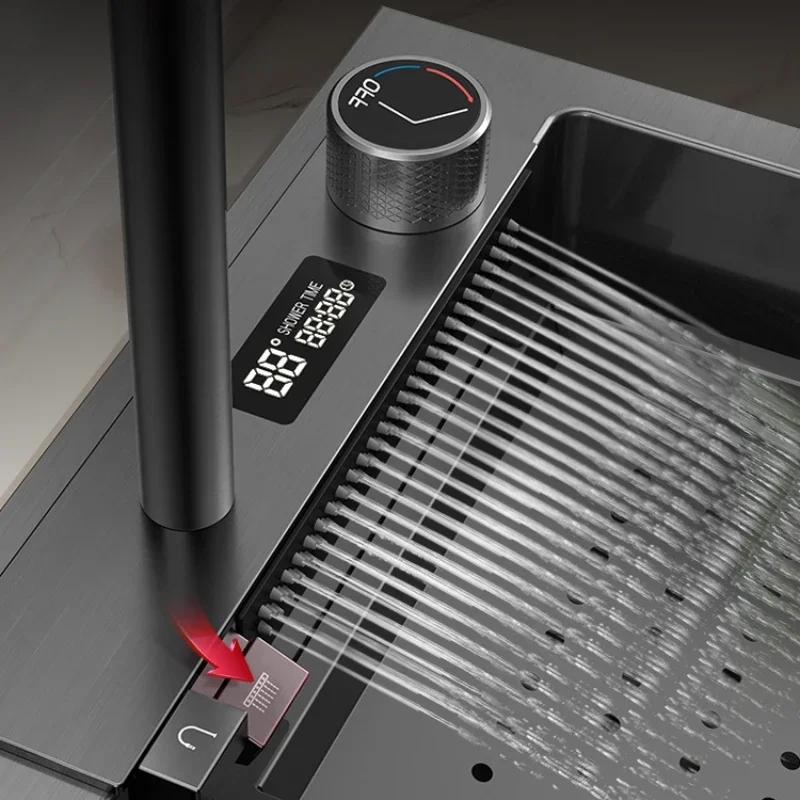 Smart Digital Display Stainless Steel Kitchen Sink Multifunctional Waterfall Large Single Slot Gourmet Faucet Set Washing Pool