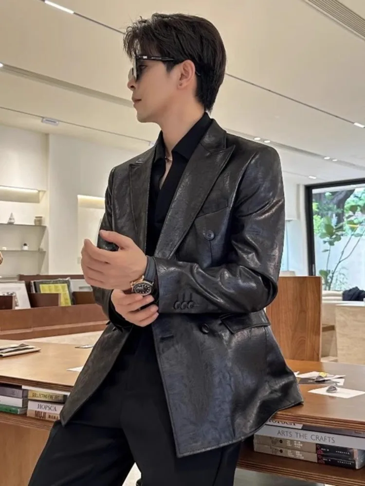 Men Spring British Style Double Breasted Suit Jacket Long Sleeve Slim Fit  Fashion Outerwear Business Work Casual Blazers Coats