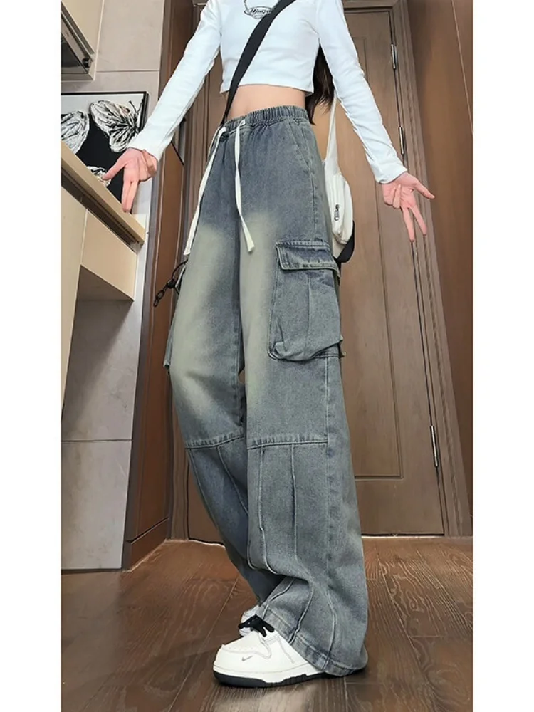 

American Retro Workwear Jeans Men's Spring Large ket Wide Leg Pants Trendy Brand Drapey Slimming Dstring Pants