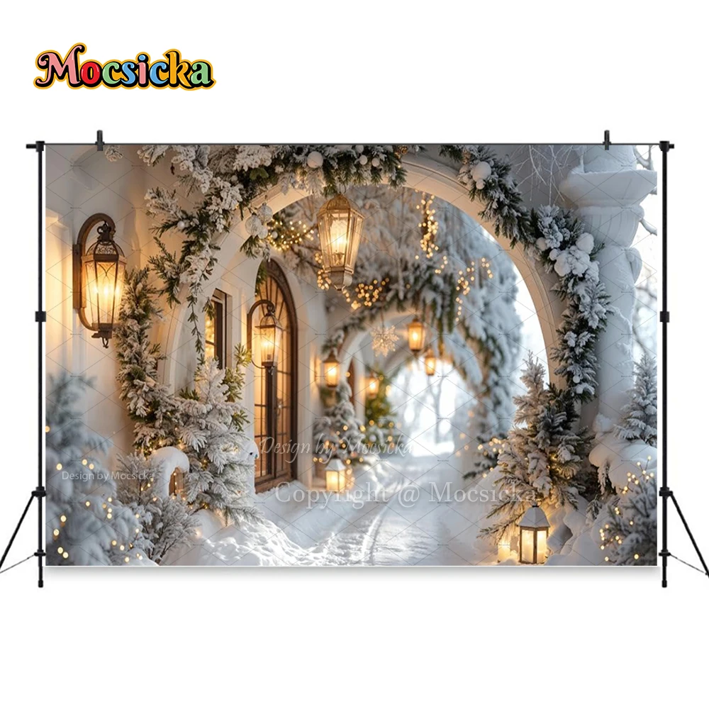 Winter Christmas Background Photography Vintage White Floral Archway Hallway Backdrop Winter Snow Decor Kids Family Photo Studio