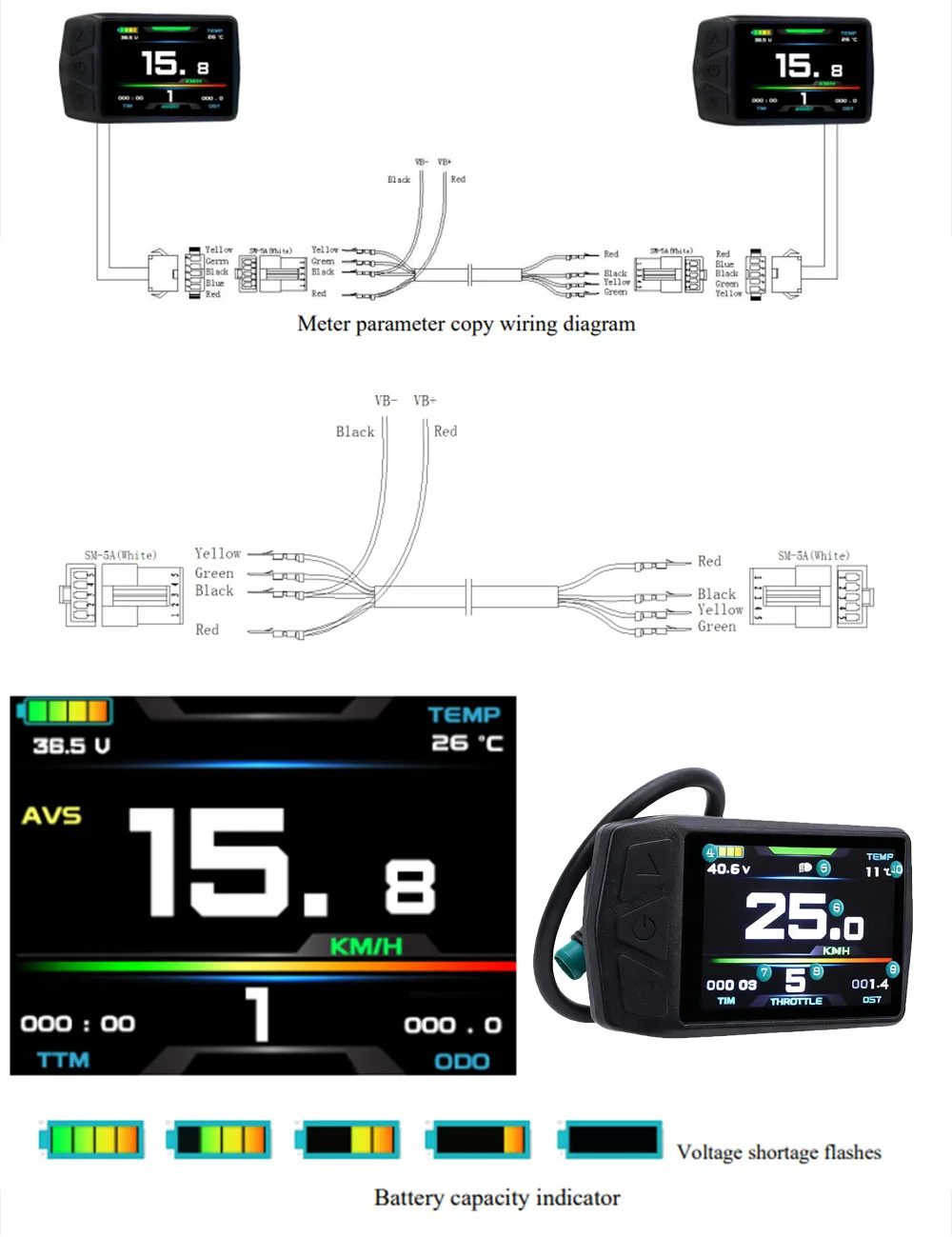 شاشة KT TF01U مناسبة لوحدة تحكم KT مع منفذ شحن USB 24 فولت/36 فولت/48 فولت دراجة كهربائية ملونة شاشة LCD TFT Ebike Par