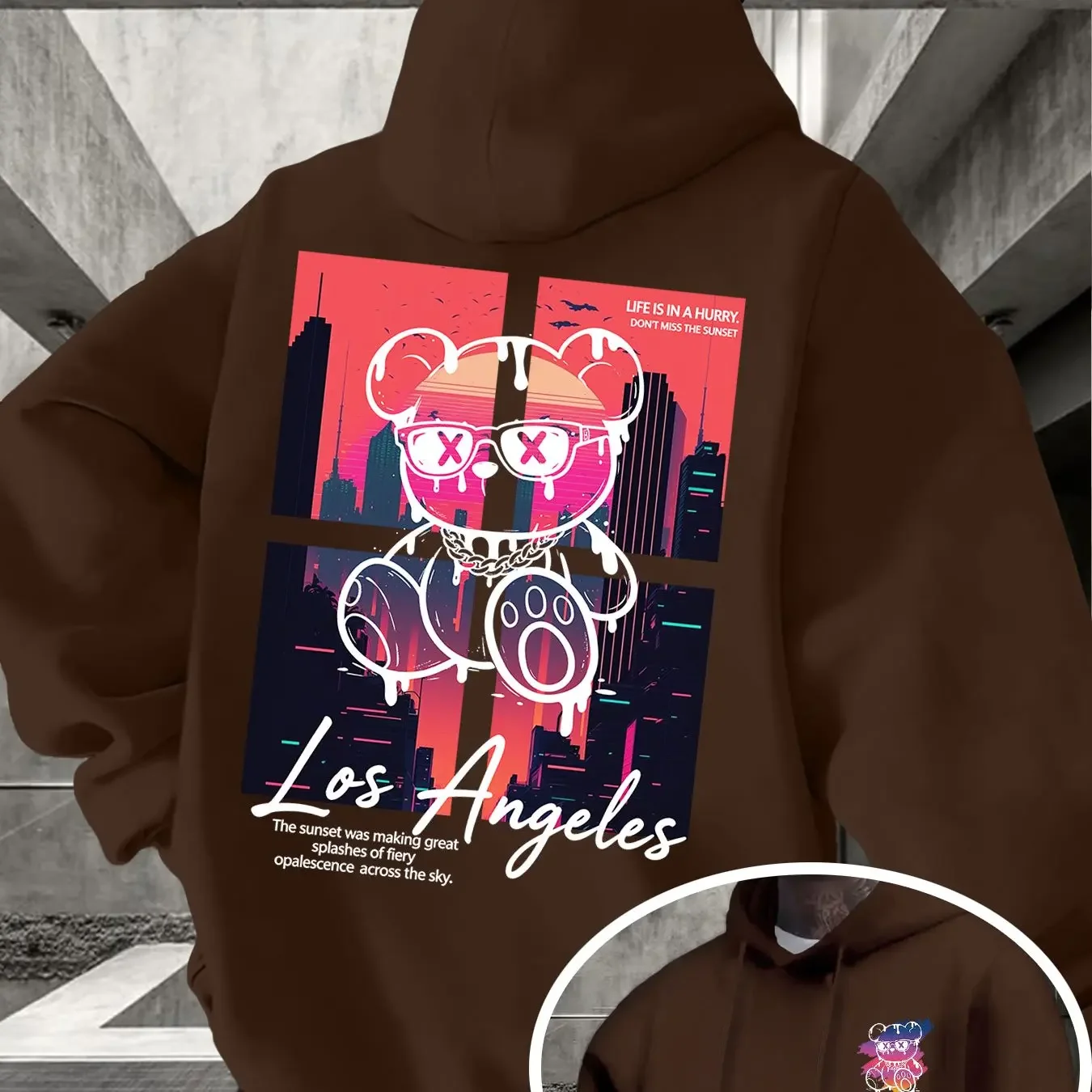 Urban Trendy Hoodie For Men Los Angeles Street Bear City View Spliced Art Print Front Back Unisex Loose Long Sleeve Pullover