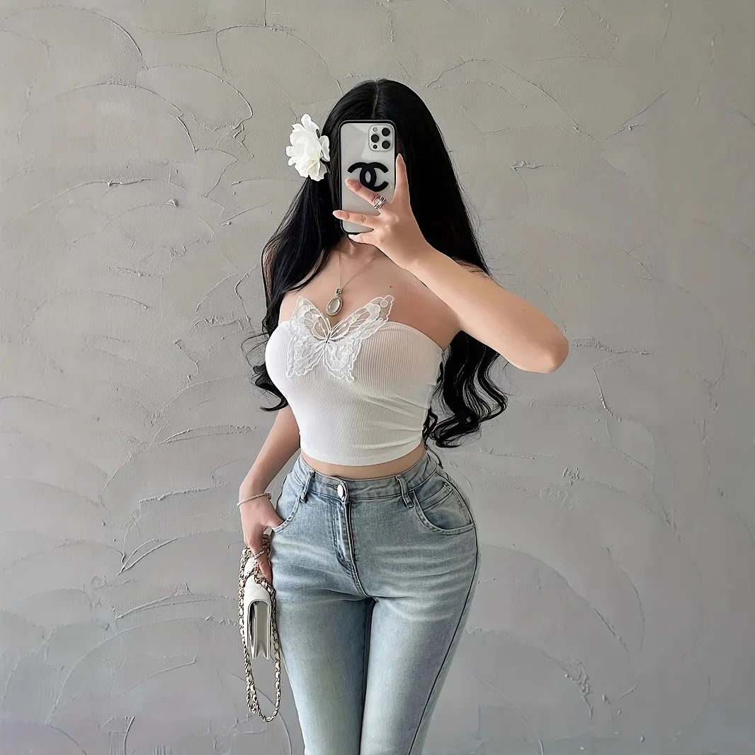 

2026 Summer Butterfly Bandeau T Shirt for Women Solid Color Slim Fit Sexy Sleeveless Base Top