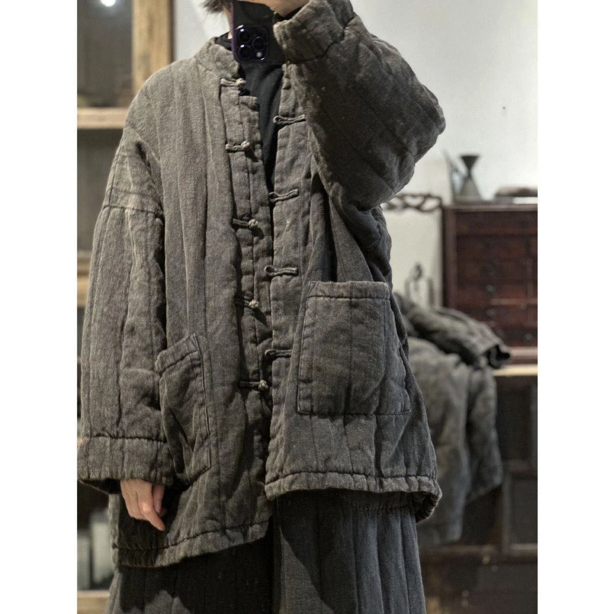 2024 winter chinese style long cotton-padded jacket vintage linen stand collar cheongsam button women cotton-padded coat s931