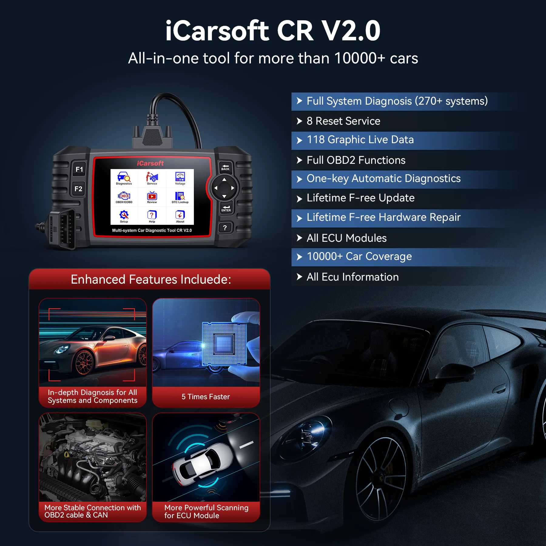 iCarsoft CR V2.0 لـ 10 سيارات اختيارية تصنع أداة تشخيص Obd2 تحديث مجاني TPMS/ABS/DPF/EPB/إعادة ضبط الزيت + طباعة البيانات المباشرة