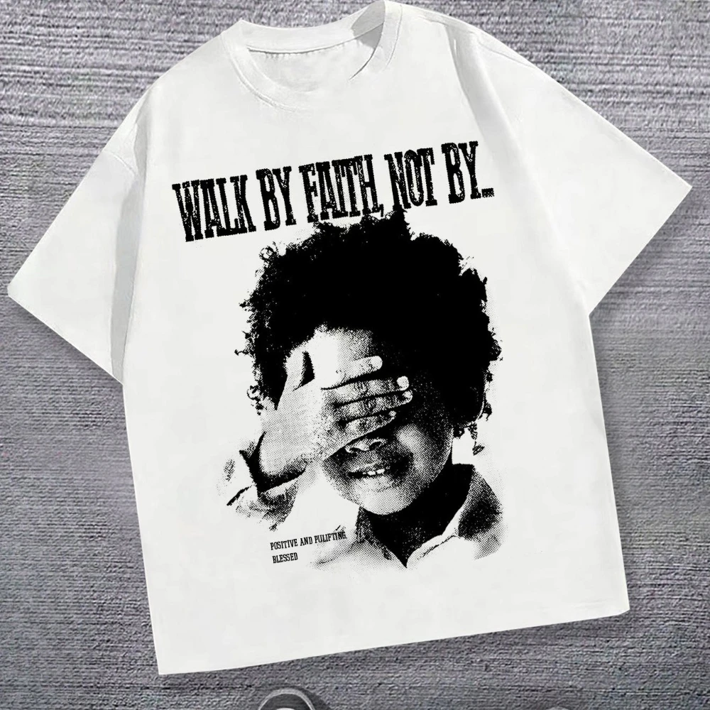 Walk By Faith Faith T-Shirt Casual Short Sleeve Round Neck Tee with Covering Face Portrait Slogan Top for Church Casual Attire
