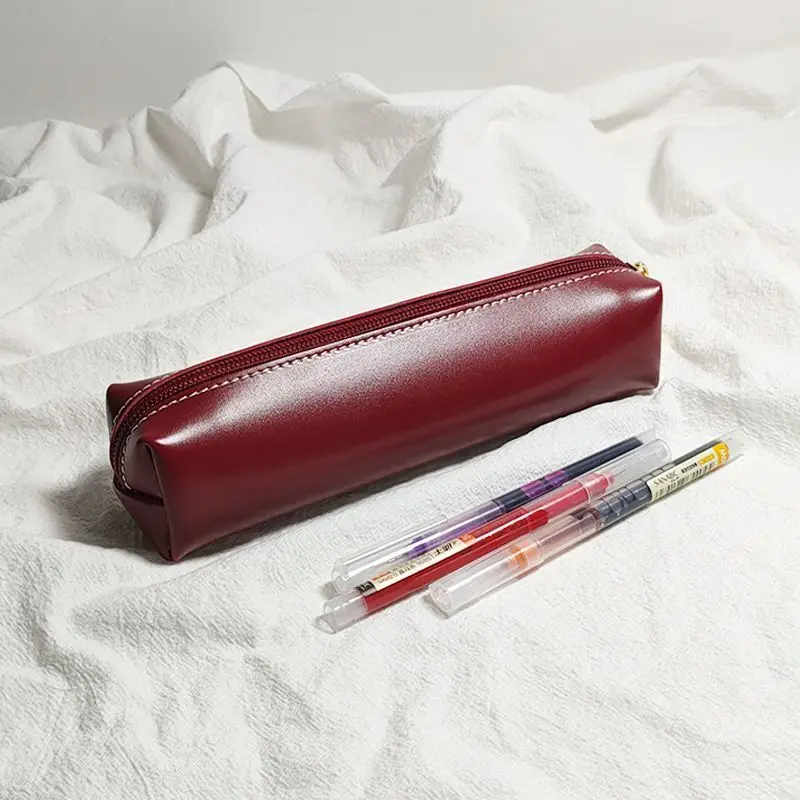 Oily Synthetic Faux Leather Texture Pencil Case - Small Capacity Retro Minimalist School & Office Organizer with Zipper Closure