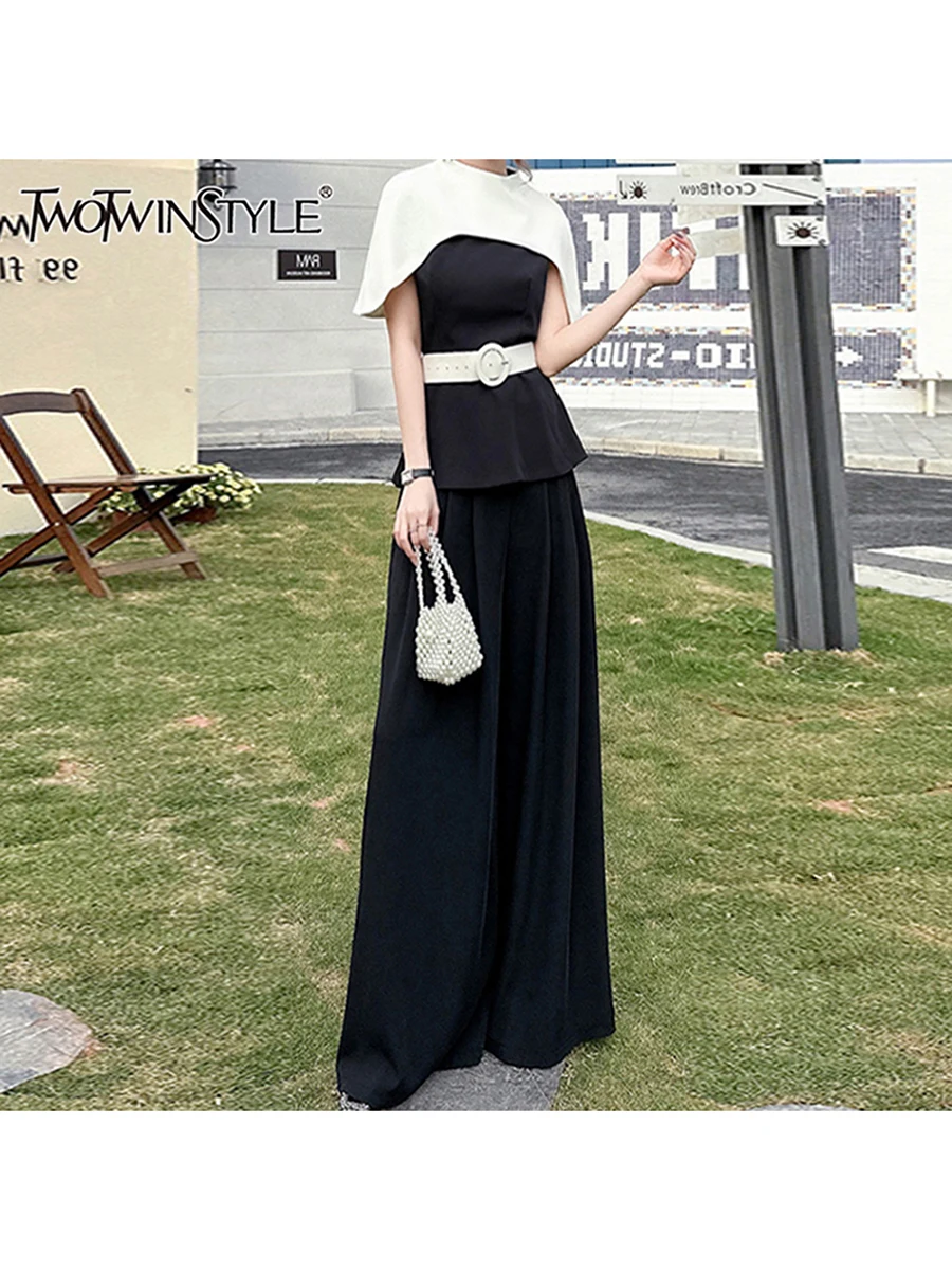 

TWOTWINSTYLE Hit Color Two Piece Set For Women O Neck Long Sleeve Spliced Belt Top High Waist Pant Elegsnt Sets Female Fashion