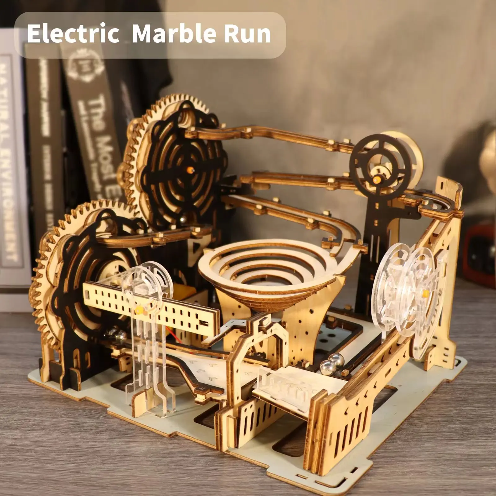 Elektryczne drewniane puzzle 3D zestawy modeli do biegania po marmurze łamigłówka Puzzle DIY ręcznie robiony prezent na boże narodzenie (bez baterii)