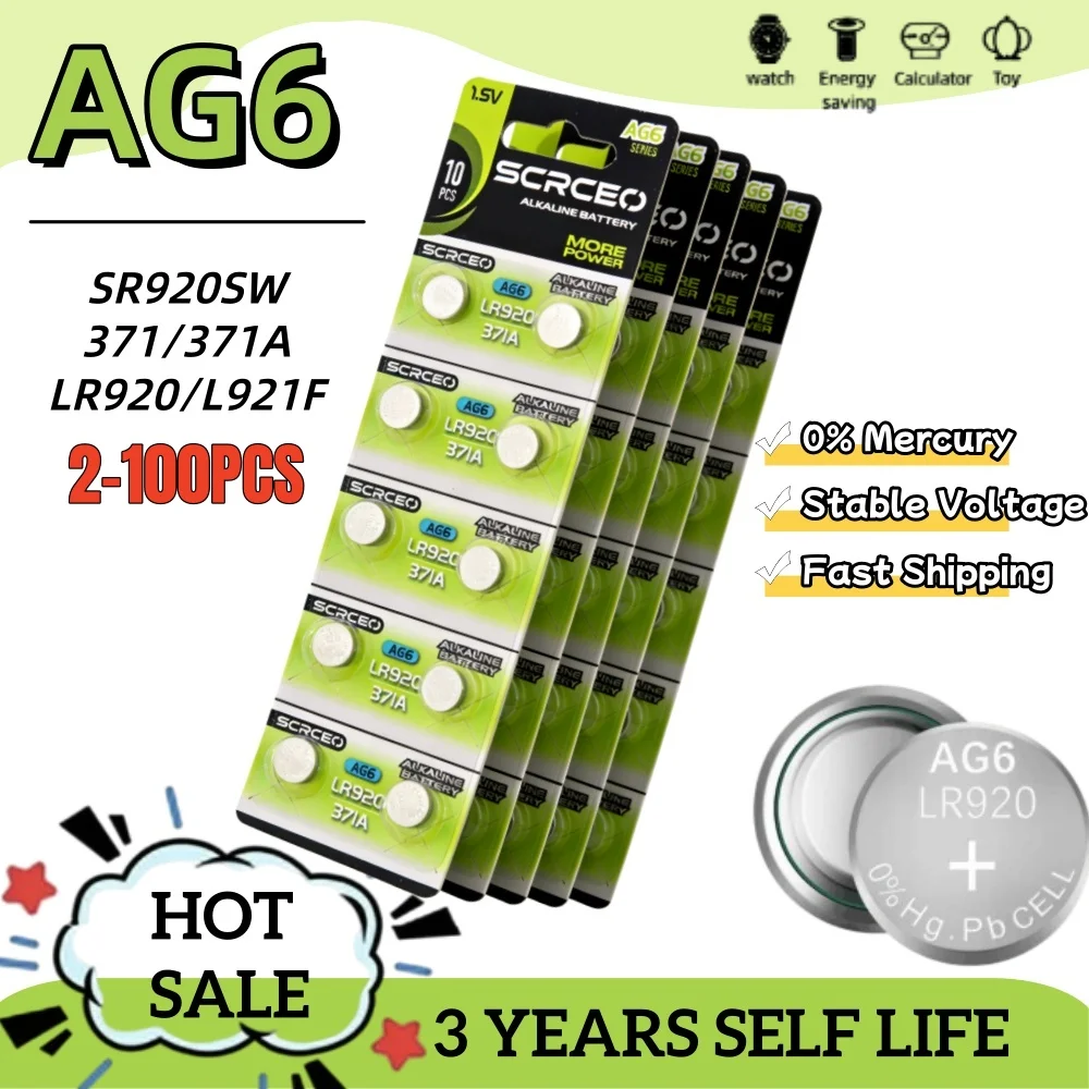 

2-100PCS AG6 LR920 1.55V Coin Cell Battery, High-Performance Power for Key Fobs, Clocks, Small Electronics